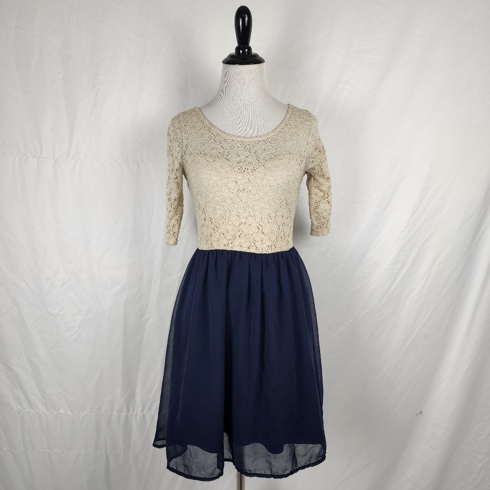 Rhapsody Floral Ivory Lace Bodice Sheer Lined Navy Blue Skater Dress, Small